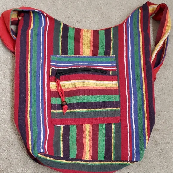 Multicolor Striped Cotton Crossbody Boho Hippie Festival Vacation Sling Bag - Picture 6 of 9